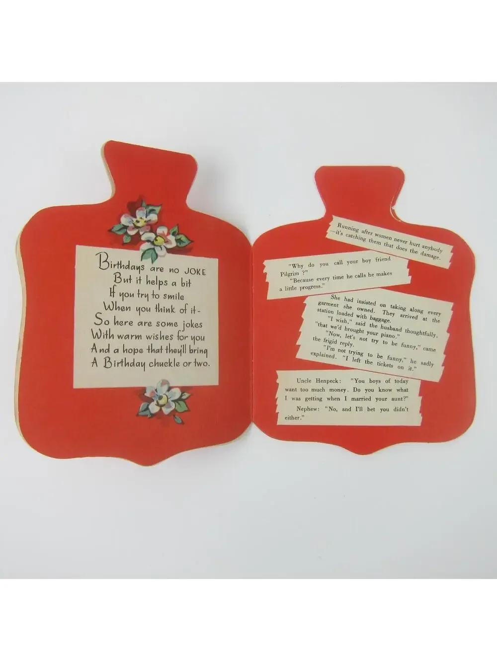 Vintage Birthday Card Anthropomorphic Hot Water Bottle Six Pages of Jokes 1950s